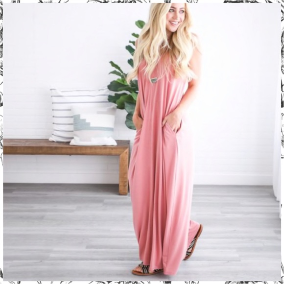 Dusty Rose pink spaghetti strap maxi dress with pockets Large L - Picture 5 of 7